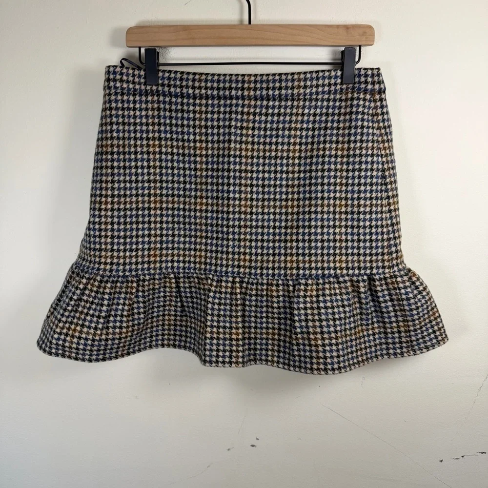 NWT J Crew 100% Wool Plaid Ruffle Hem Mini Skirt Blue Brown Size 12 Houndstooth
